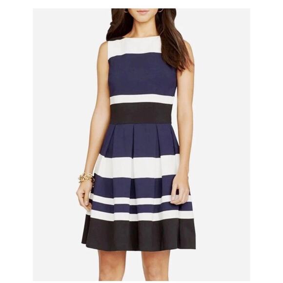 Ralph Lauren LRL Keyla Fit Flare Dress Navy Stripe Preppy Classic Womens 4  / Sm - mordernwear.com